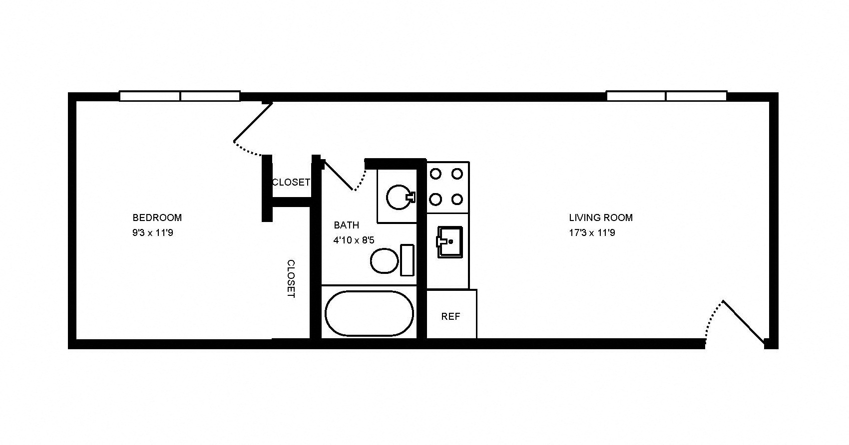 Floor plan for 1 bed, 1 bath, 500 sqft